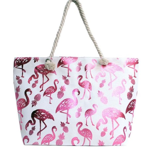 Handbags - *CLEAR OUT!* BEACH TIME!!!   Large Metallic Pink Flamingos Canvas Tote